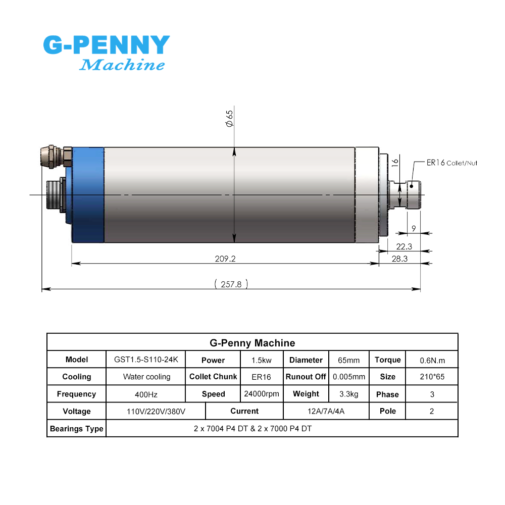 G-Penny CNC 1.5KW ER16 65mm 4  - Water Cooled Spindle recension och pris